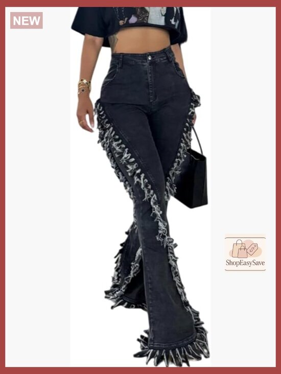 Denim - Flare Jeans with Distressed Fringes High Waisted Patchwork Denim Pants Frayed